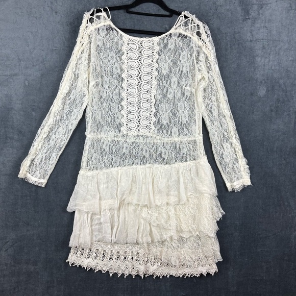 Free People Cream Lace and Sheer Mini Dress in Sz M - Picture 1 of 12